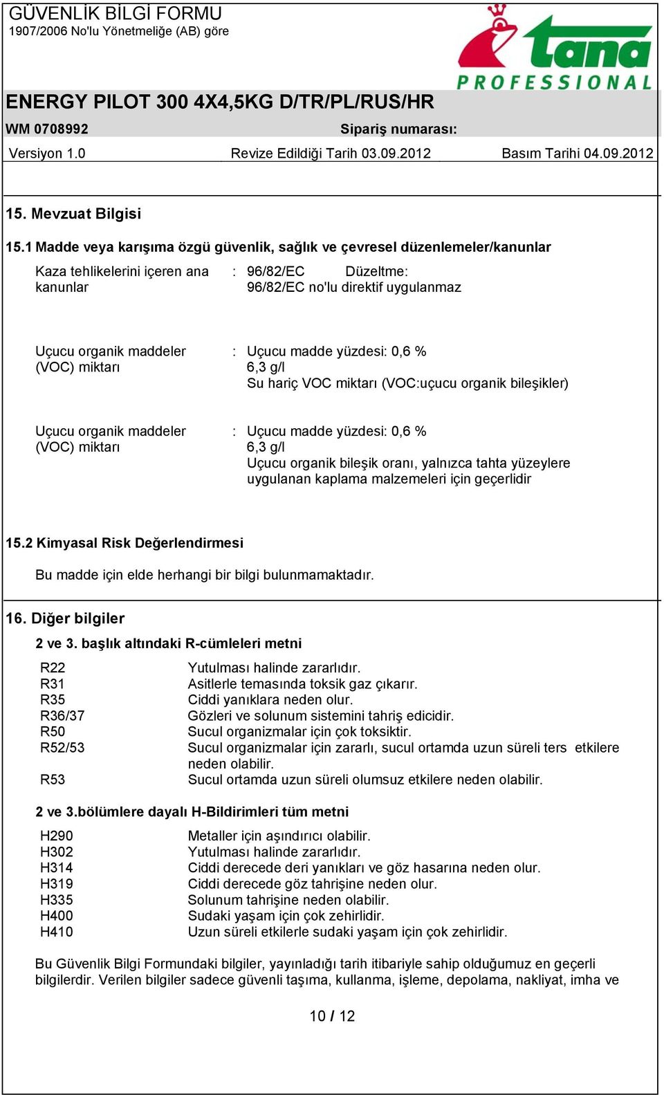 (VOC) miktarı : Uçucu madde yüzdesi: 0,6 % 6,3 g/l Su hariç VOC miktarı (VOC:uçucu organik bileşikler) Uçucu organik maddeler (VOC) miktarı : Uçucu madde yüzdesi: 0,6 % 6,3 g/l Uçucu organik bileşik