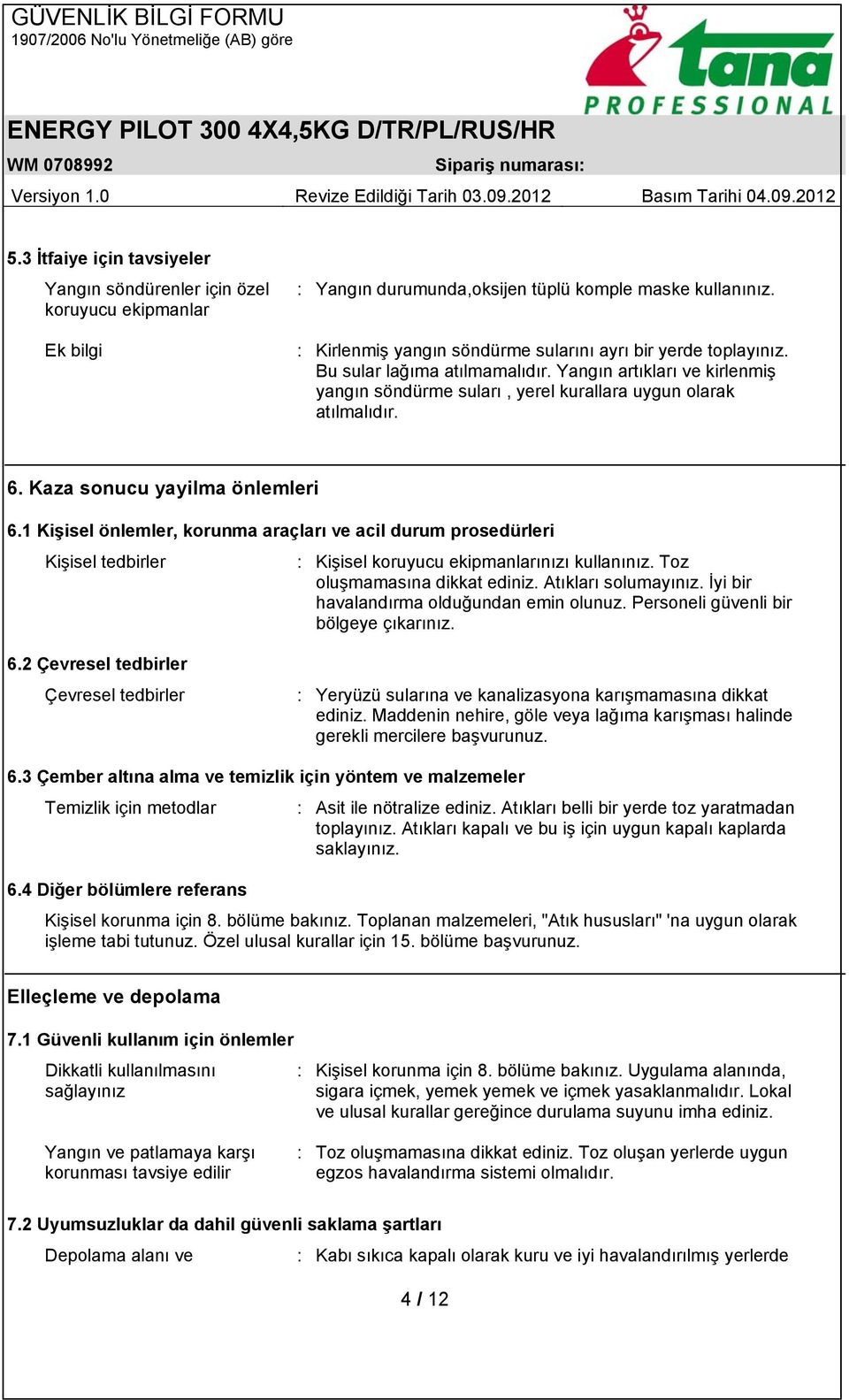 Kaza sonucu yayilma önlemleri 6.1 Kişisel önlemler, korunma araçları ve acil durum prosedürleri Kişisel tedbirler : Kişisel koruyucu ekipmanlarınızı kullanınız. Toz oluşmamasına dikkat ediniz.