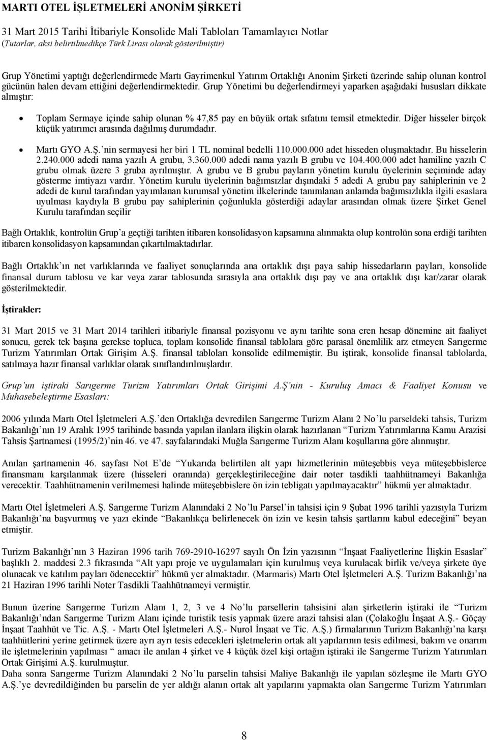 Diğer hisseler birçok küçük yatırımcı arasında dağılmış durumdadır. Martı GYO A.Ş. nin sermayesi her biri 1 TL nominal bedelli 110.000.000 adet hisseden oluşmaktadır. Bu hisselerin 2.240.