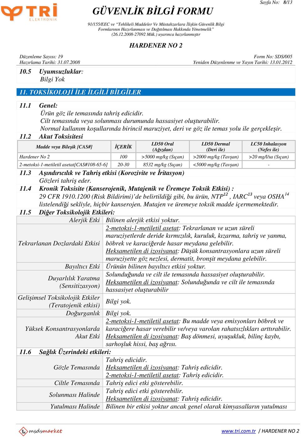 2 Akut Toksisitesi Madde veya Bileşik [CAS#] İÇERİK LD50 Oral (Ağızdan) LD50 Dermal (Deri ile) LC50 Inhalasyon (Nefes ile) Hardener No 2 100 >5000 mg/kg (Sıçan) >2000 mg/kg (Tavşan) >20 mg/l/sa