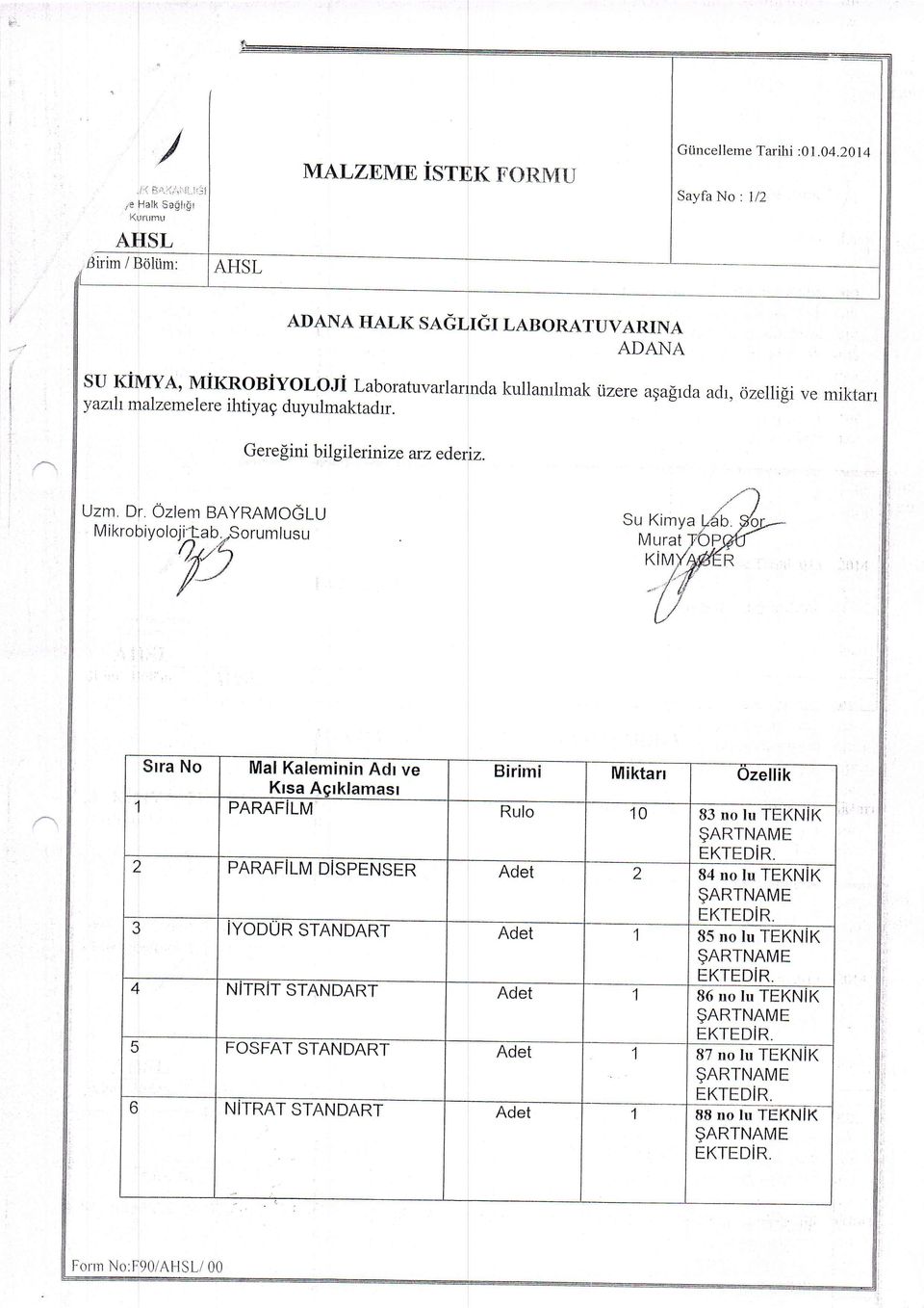 malzemelere ihtiyag duyulmaktadrr. Gere[ini bil gileriniz e arz ederiz. Uzm. Dr. Ozlem BYRMOGLU M ikrobiyoloii'tab. Sorum lusu Q.