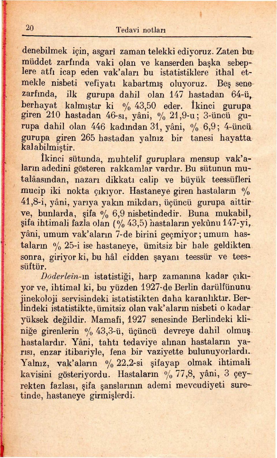 Be sene zarfında, ilk gurupa dahil olan 147 hastadan 64-ü, berhayat kalmı tır ki % 43,50 eder.