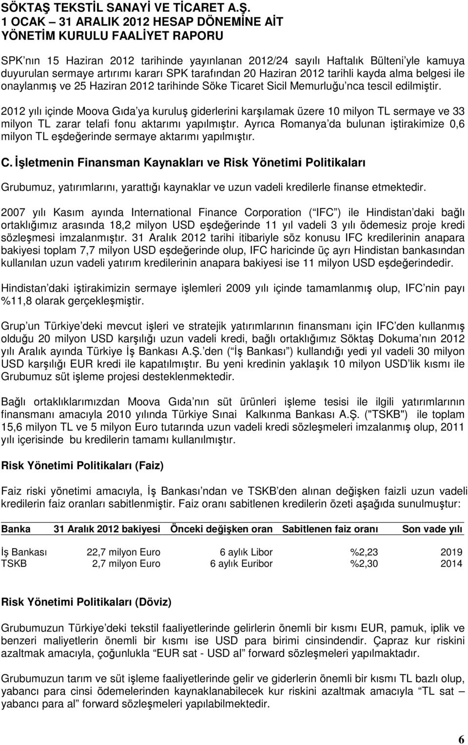 2012 yılı içinde Moova Gıda ya kuruluş giderlerini karşılamak üzere 10 milyon TL sermaye ve 33 milyon TL zarar telafi fonu aktarımı yapılmıştır.