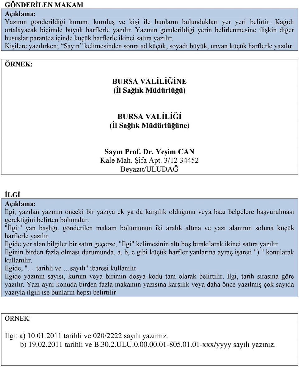 KiĢilere yazılırken; Sayın kelimesinden sonra ad küçük, soyadı büyük, unvan küçük harflerle yazılır. ÖRNEK: BURSA VALĠLĠĞĠNE (Ġl Sağlık Müdürlüğü) BURSA VALĠLĠĞĠ (Ġl Sağlık Müdürlüğüne) Sayın Prof.