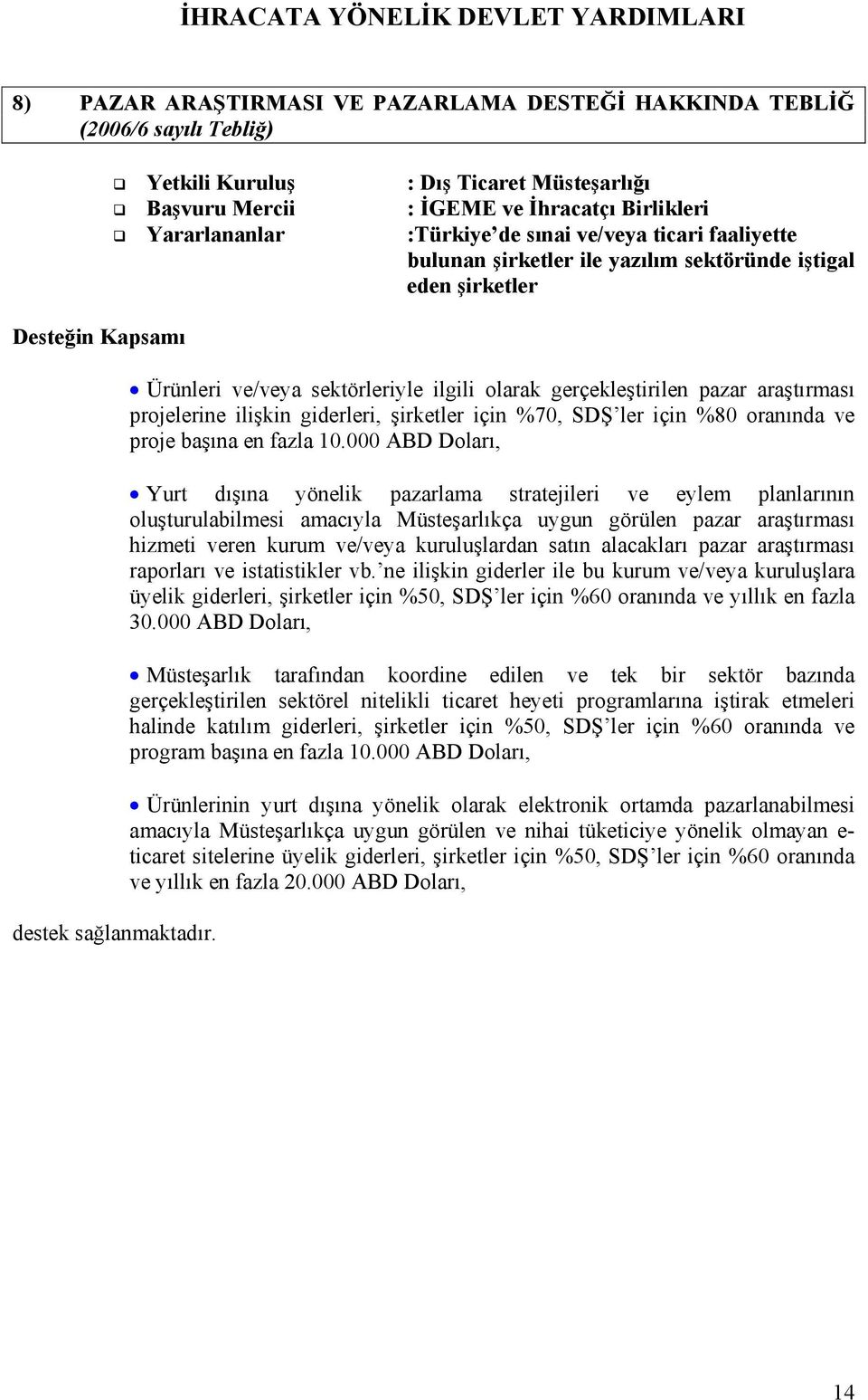 Ürünleri ve/veya sektörleriyle ilgili olarak gerçekleştirilen pazar araştırması projelerine ilişkin giderleri, şirketler için %70, SDŞ ler için %80 oranında ve proje başına en fazla 10.