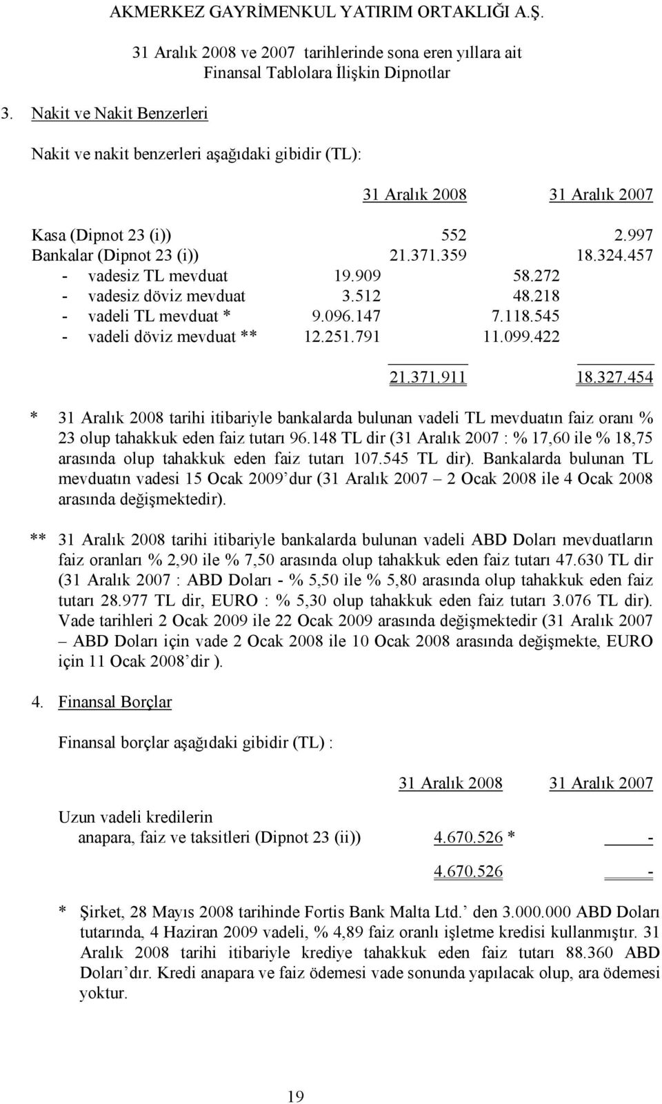 454 * 31 Aralık 2008 tarihi itibariyle bankalarda bulunan vadeli TL mevduatın faiz oranı % 23 olup tahakkuk eden faiz tutarı 96.