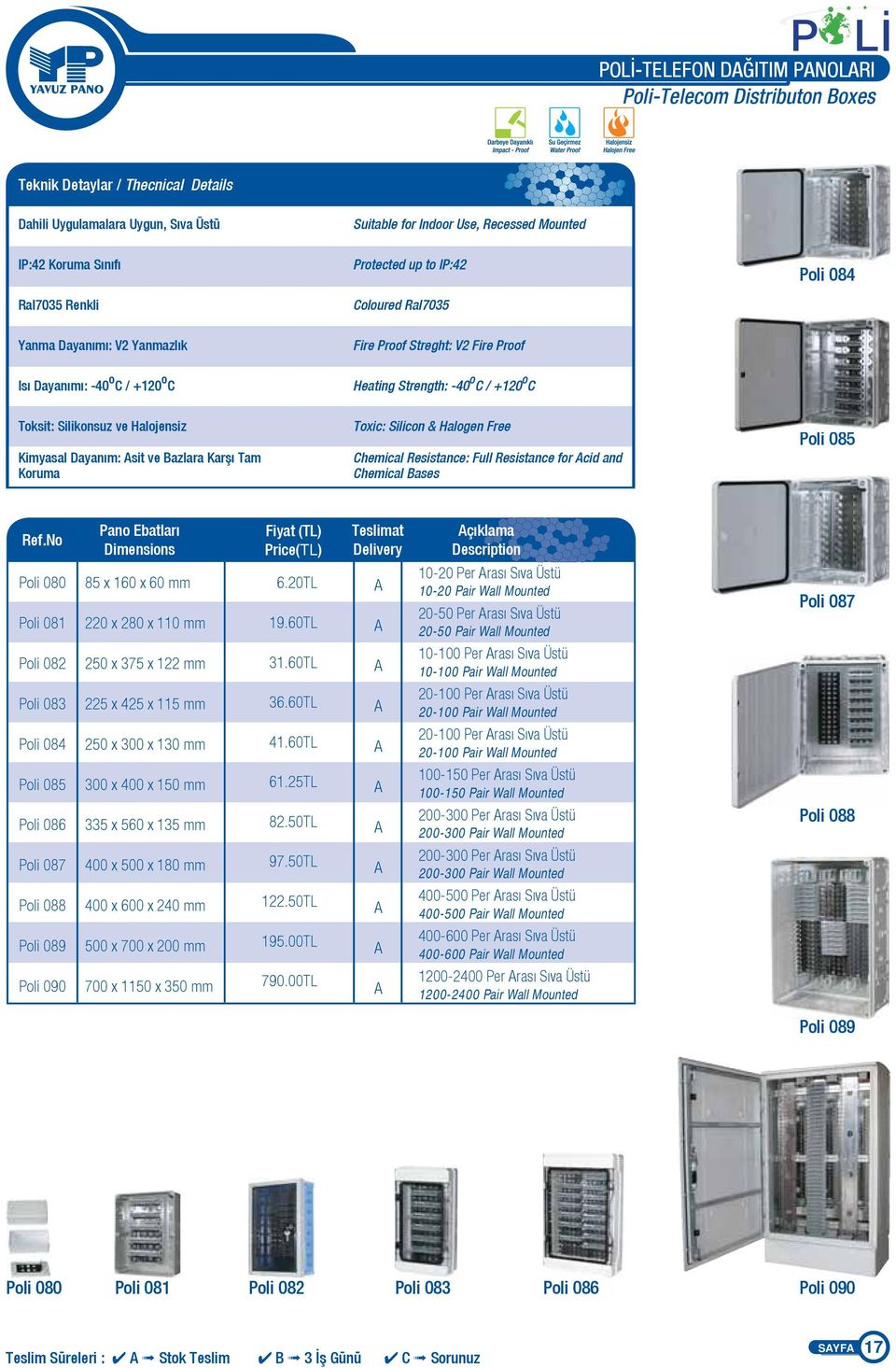 ve Halojensiz Kimyasal Dayanım: sit ve azlara Karşı Tam Koruma Toxic: Silicon & Halogen Free hemical Resistance: Full Resistance for cid and hemical ases Poli 085 Pano Ebatları Dimensions Teslimat