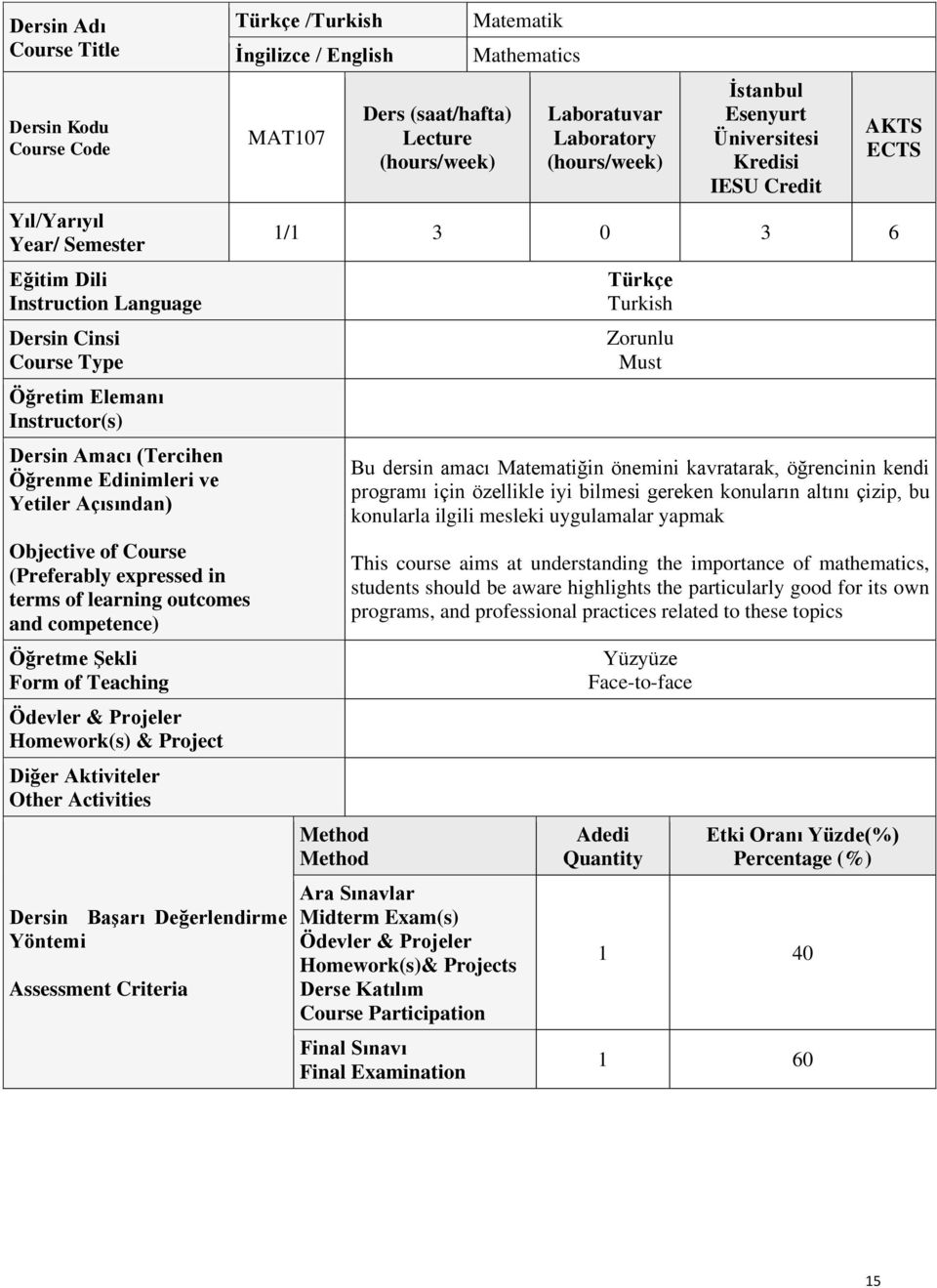 Activities Türkçe /Turkish İngilizce / English MAT107 Dersin Başarı Değerlendirme Yöntemi Assessment Criteria Ders (saat/hafta) Lecture Matematik Mathematics Laboratuvar Laboratory İstanbul Esenyurt