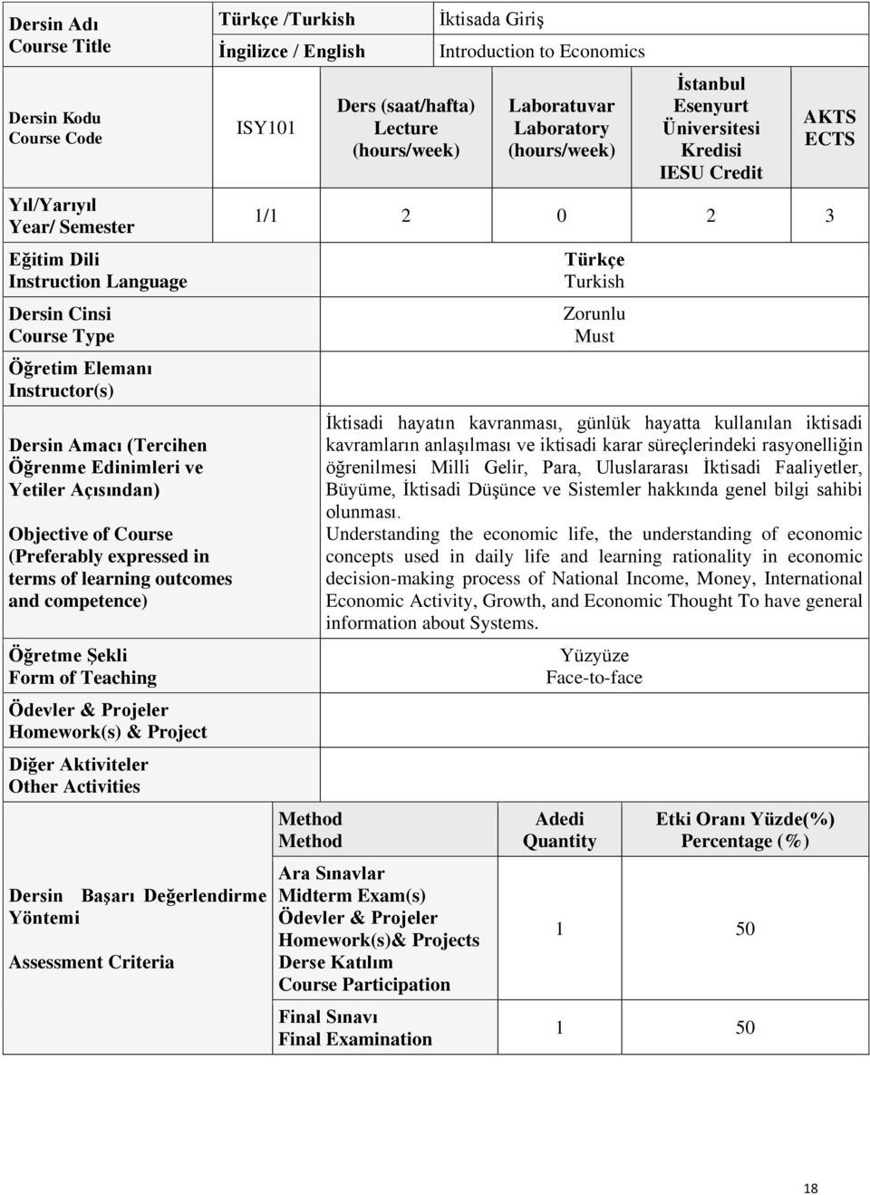 Activities Türkçe /Turkish İngilizce / English ISY101 Dersin Başarı Değerlendirme Yöntemi Assessment Criteria Ders (saat/hafta) Lecture İktisada Giriş Introduction to Economics Laboratuvar Laboratory