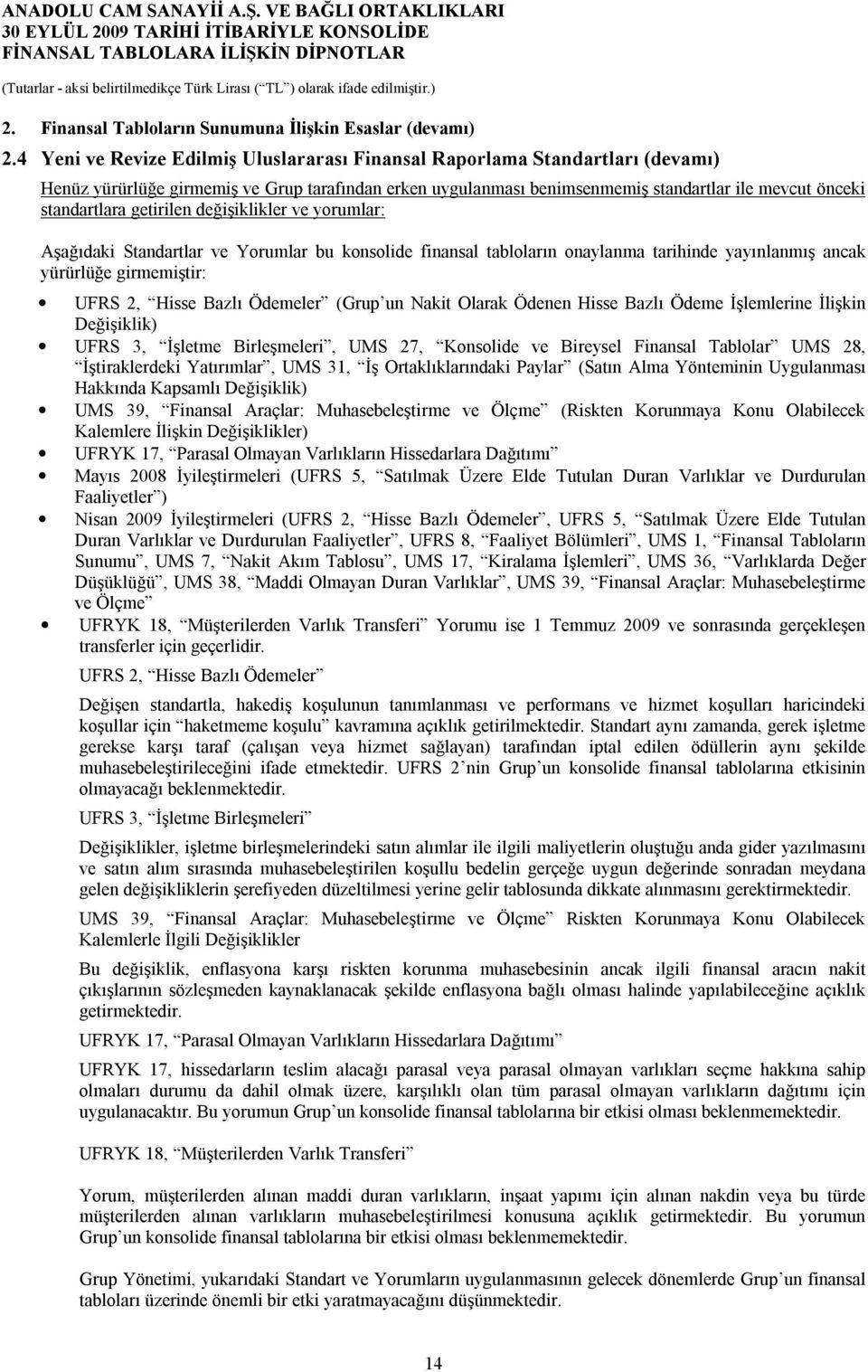 getirilen değişiklikler ve yorumlar: Aşağıdaki Standartlar ve Yorumlar bu konsolide finansal tabloların onaylanma tarihinde yayınlanmış ancak yürürlüğe girmemiştir: UFRS 2, Hisse Bazlı Ödemeler (Grup