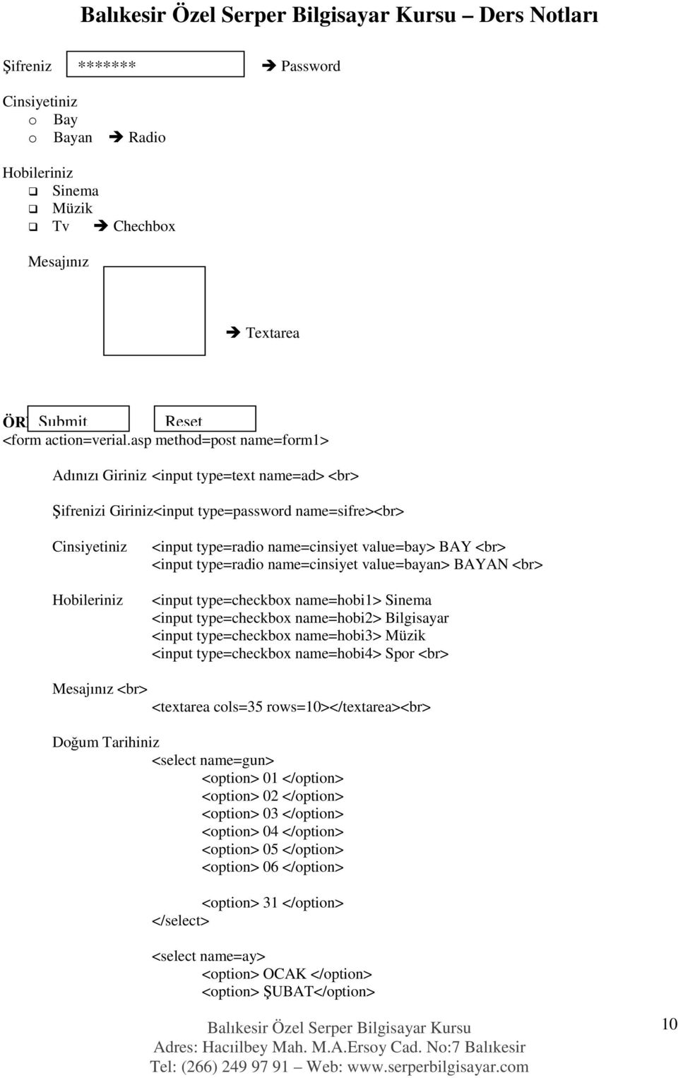 BAY <br> <input type=radio name=cinsiyet value=bayan> BAYAN <br> <input type=checkbox name=hobi1> Sinema <input type=checkbox name=hobi2> Bilgisayar <input type=checkbox name=hobi3> Müzik <input