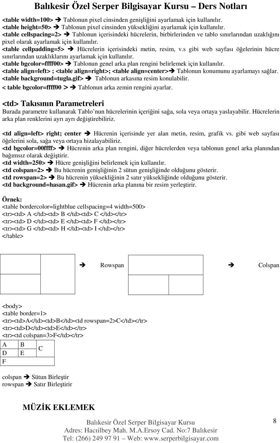 <table cellpadding=5> Hücrelerin içerisindeki metin, resim, v.s gibi web sayfası öğelerinin hücre sınırlarından uzaklıklarını ayarlamak için kullanılır.