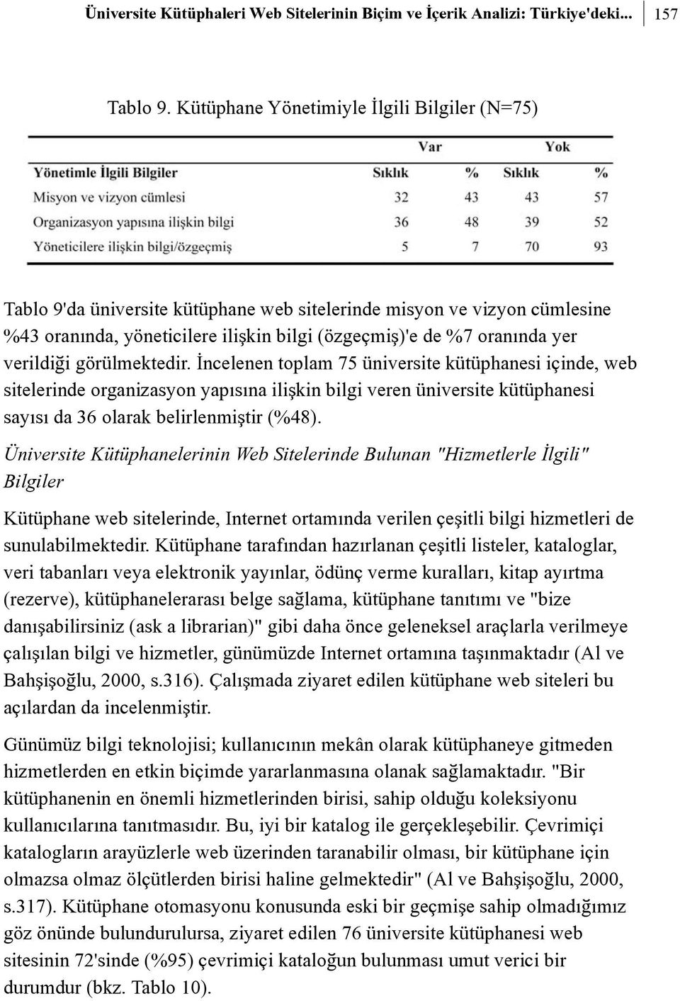 verildiði görülmektedir. Ýncelenen toplam 75 üniversite kütüphanesi içinde, web sitelerinde organizasyon yapýsýna iliþkin bilgi veren üniversite kütüphanesi sayýsý da 36 olarak belirlenmiþtir (%48).