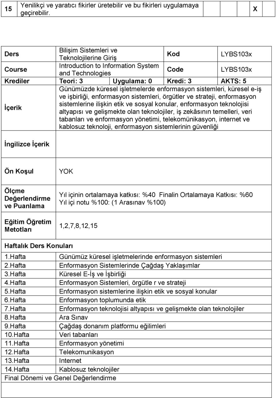 sistemlerine ilişkin etik ve sosyal konular, enformasyon teknolojisi altyapısı ve gelişmekte olan teknolojiler, iş zekâsının temelleri, veri tabanları ve enformasyon yönetimi, telekomünikasyon,