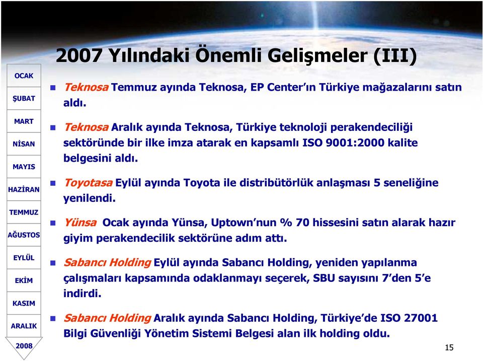 Toyotasa Eylül ayında Toyota ile distribütörlük anlaşması 5 seneliğine yenilendi. Yünsa Ocak ayında Yünsa, Uptown nun % 70 hissesini satın alarak hazır giyim perakendecilik sektörüne adım attı.