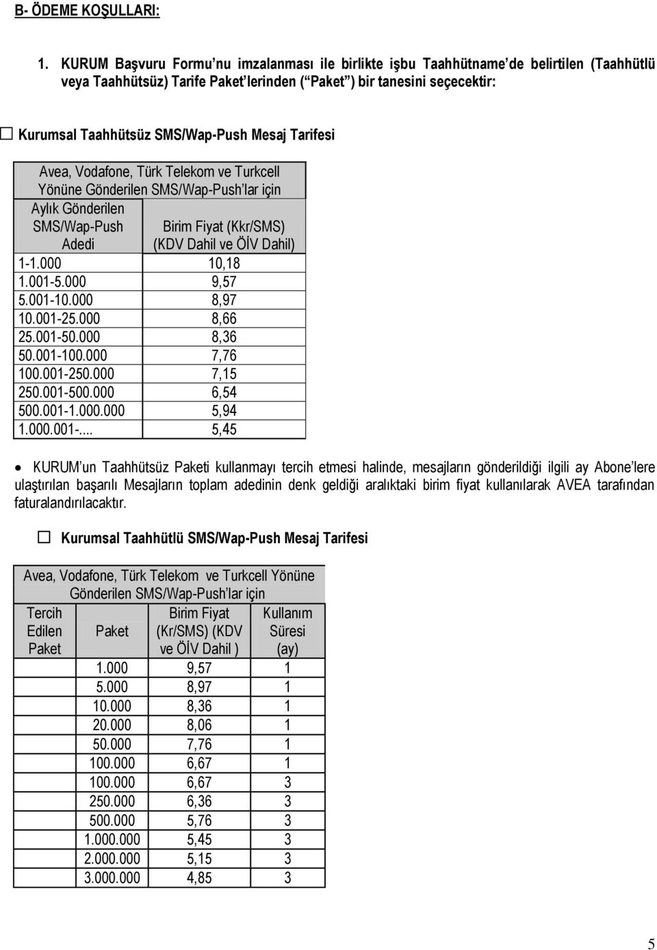 Mesaj Tarifesi Avea, Vodafone, Türk Telekom ve Turkcell Yönüne Gönderilen SMS/Wap-Push lar için Aylık Gönderilen SMS/Wap-Push Adedi Birim Fiyat (Kkr/SMS) (KDV Dahil ve ÖİV Dahil) 1-1.000 10,18 1.