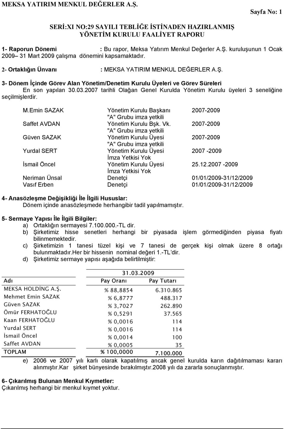 2007 tarihli Olağan Genel Kurulda Yönetim Kurulu üyeleri 3 seneliğine seçilmişlerdir. M.Emin SAZAK Yönetim Kurulu Başkanı 2007-2009 "A" Grubu imza yetkili Saffet AVDAN Yönetim Kurulu Bşk. Vk.