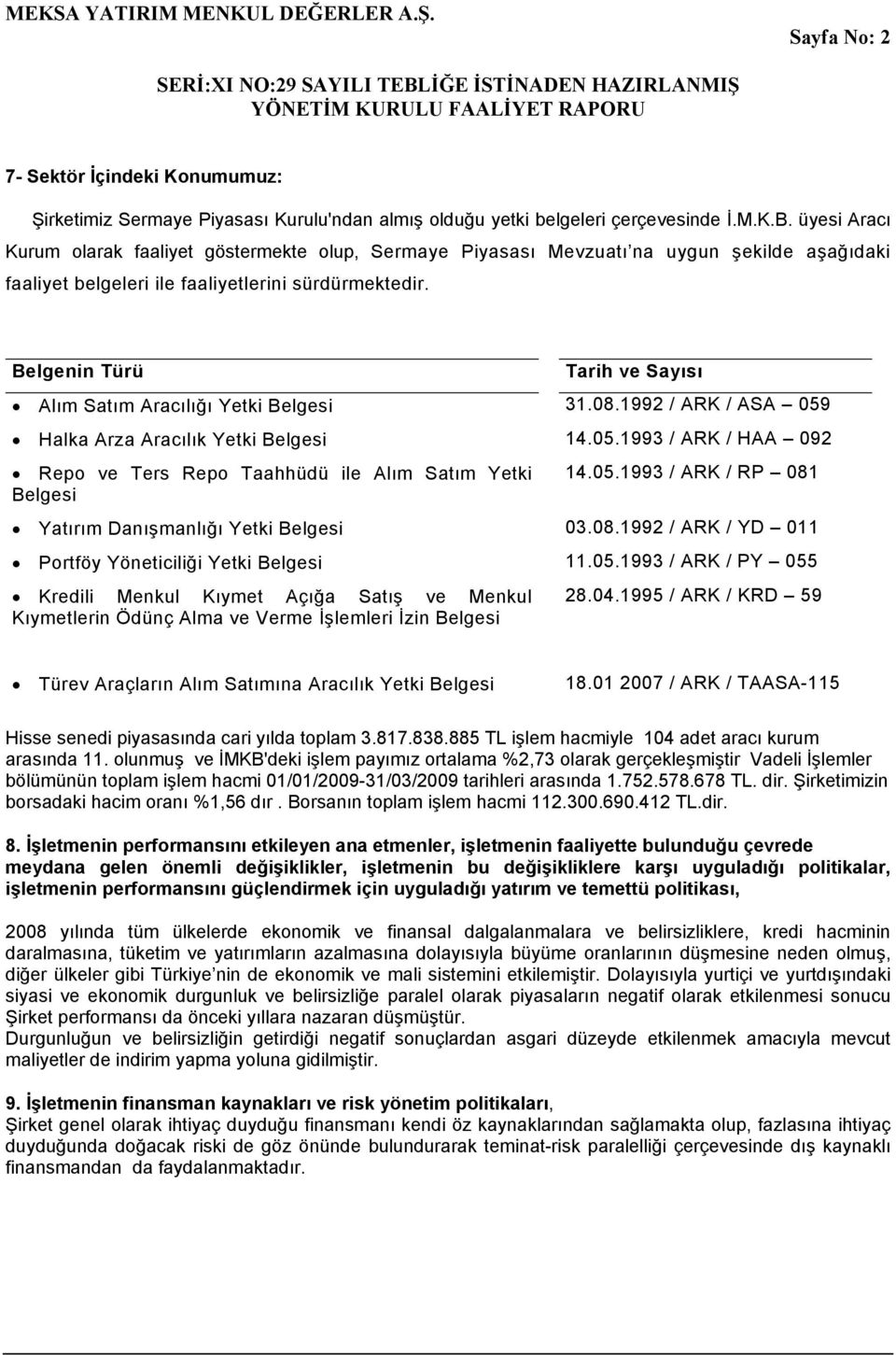 Belgenin Türü Tarih ve Sayısı Alım Satım Aracılığı Yetki Belgesi 31.08.1992 / ARK / ASA 059 Halka Arza Aracılık Yetki Belgesi 14.05.1993 / ARK / HAA 092 Repo ve Ters Repo Taahhüdü ile Alım Satım Yetki 14.