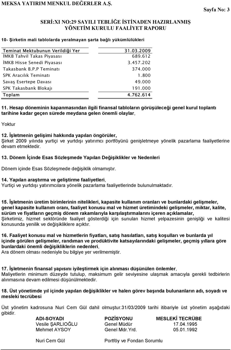 Hesap döneminin kapanmasından ilgili finansal tabloların görüşüleceği genel kurul toplantı tarihine kadar geçen sürede meydana gelen önemli olaylar, Yoktur 12.