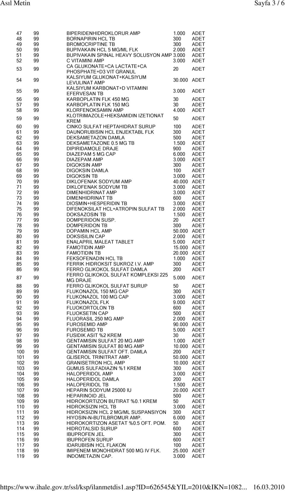 000 ADET 53 99 CA GLUKONATE+CA LACTATE+CA PHOSPHATE+D3 VIT GRANUL 20 ADET 54 99 KALSIYUM GLUKONAT+KALSIYUM LEVULINAT AMP 30.000 ADET 55 99 KALSIYUM KARBONAT+D VITAMINI EFERVESAN TB 3.