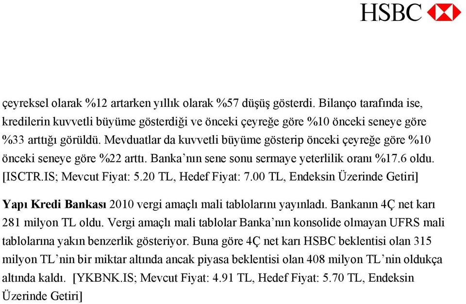 00 TL, Endeksin Üzerinde Getiri] Yapı Kredi Bankası 2010 vergi amaçlı mali tablolarını yayınladı. Bankanın 4Ç net karı 281 milyon TL oldu.