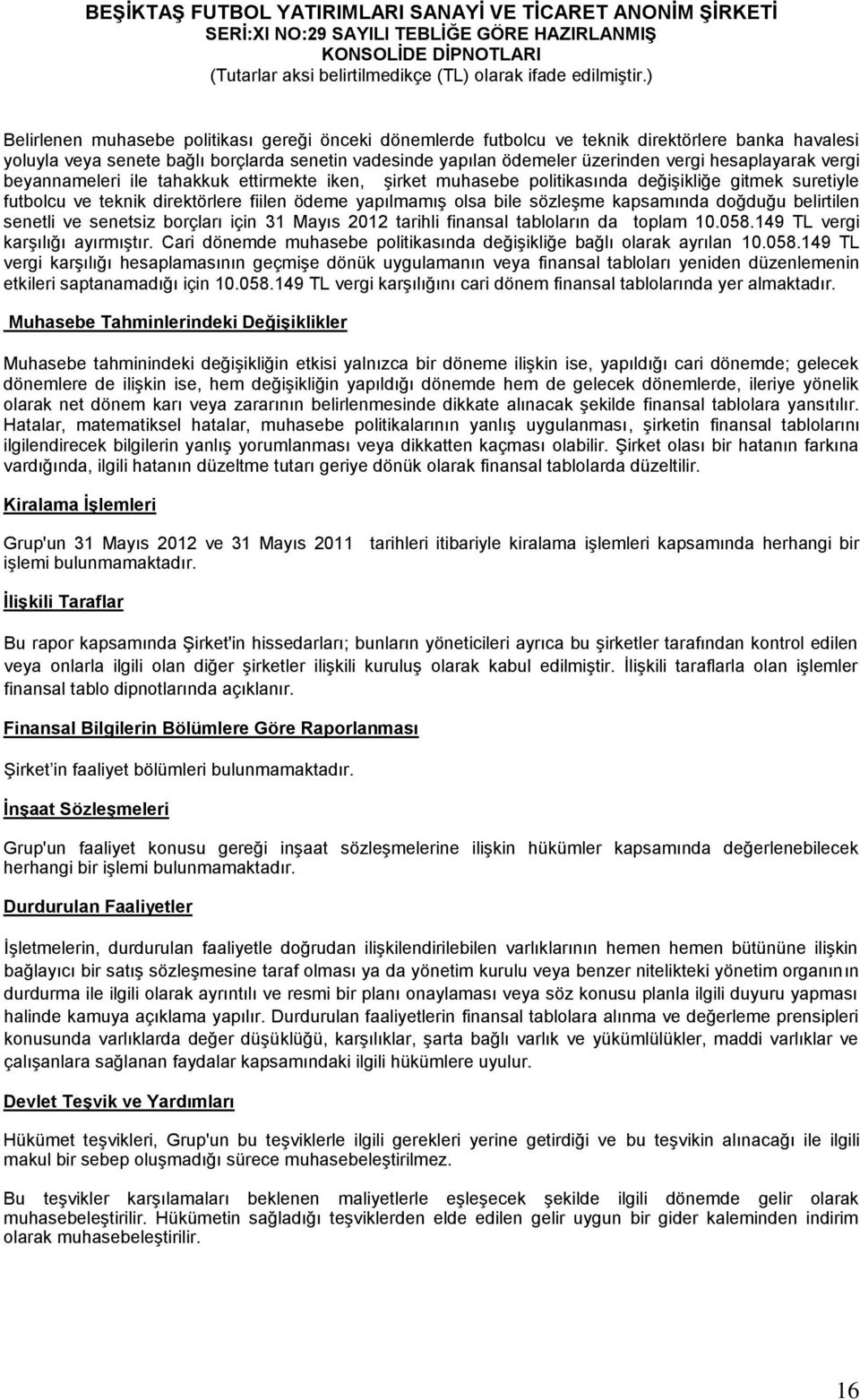 kapsamında doğduğu belirtilen senetli ve senetsiz borçları için 31 Mayıs 2012 tarihli finansal tabloların da toplam 10.058.149 TL vergi karşılığı ayırmıştır.