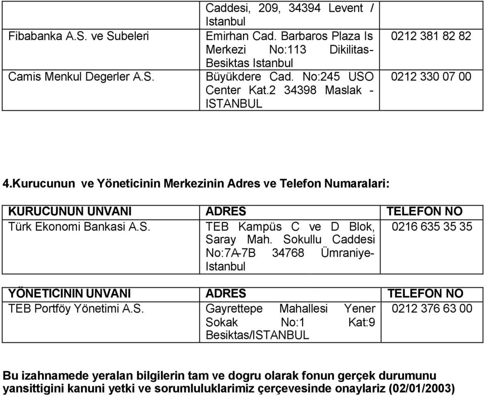 Kurucunun ve Yöneticinin Merkezinin Adres ve Telefon Numaralari: KURUCUNUN UNVANI ADRES TELEFON NO Türk Ekonomi Bankasi A.S. TEB Kampüs C ve D Blok, Saray Mah.