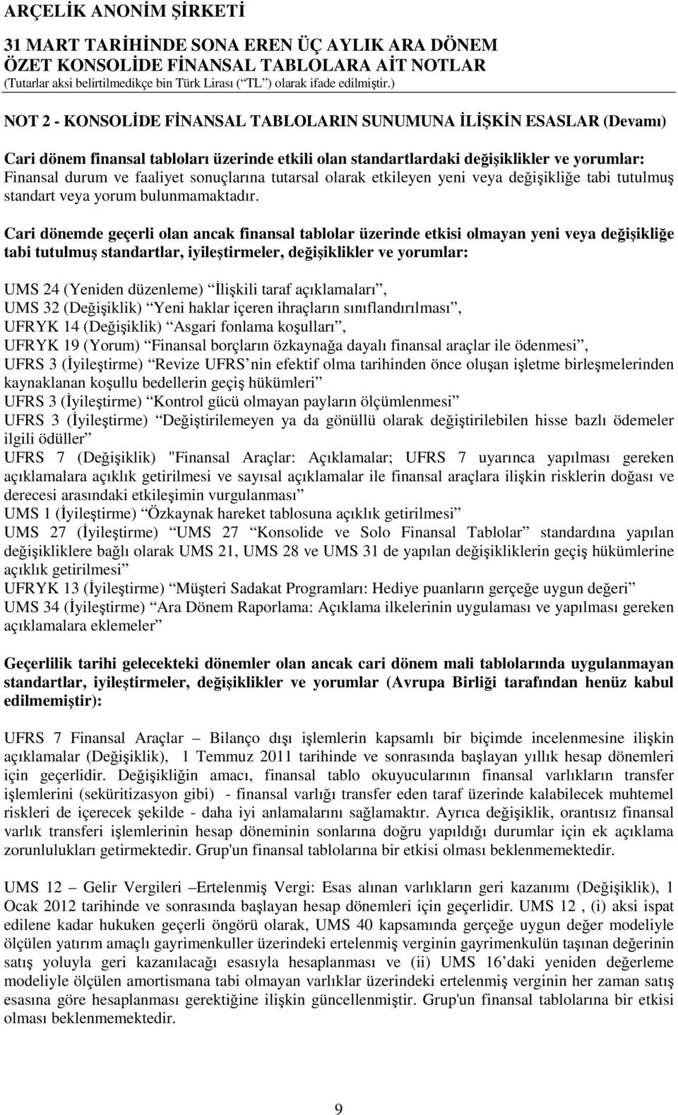 Cari dönemde geçerli olan ancak finansal tablolar üzerinde etkisi olmayan yeni veya değişikliğe tabi tutulmuş standartlar, iyileştirmeler, değişiklikler ve yorumlar: UMS 24 (Yeniden düzenleme)