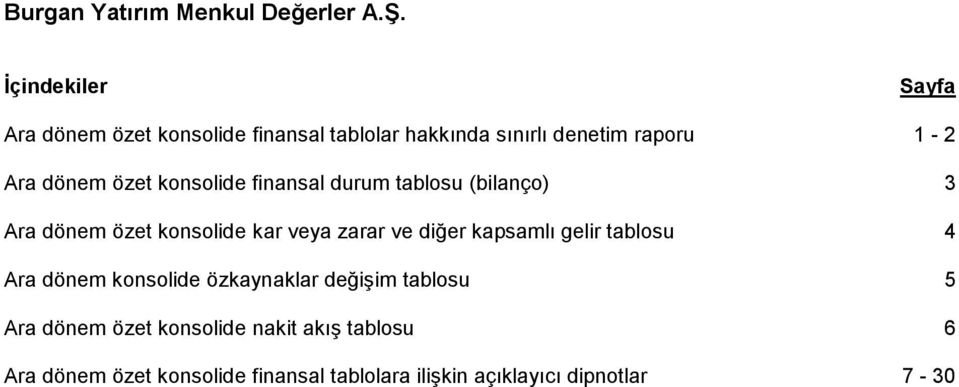 özet konsolide finansal durum tablosu (bilanço) 3 Ara dönem özet konsolide kar veya zarar ve diğer kapsamlı