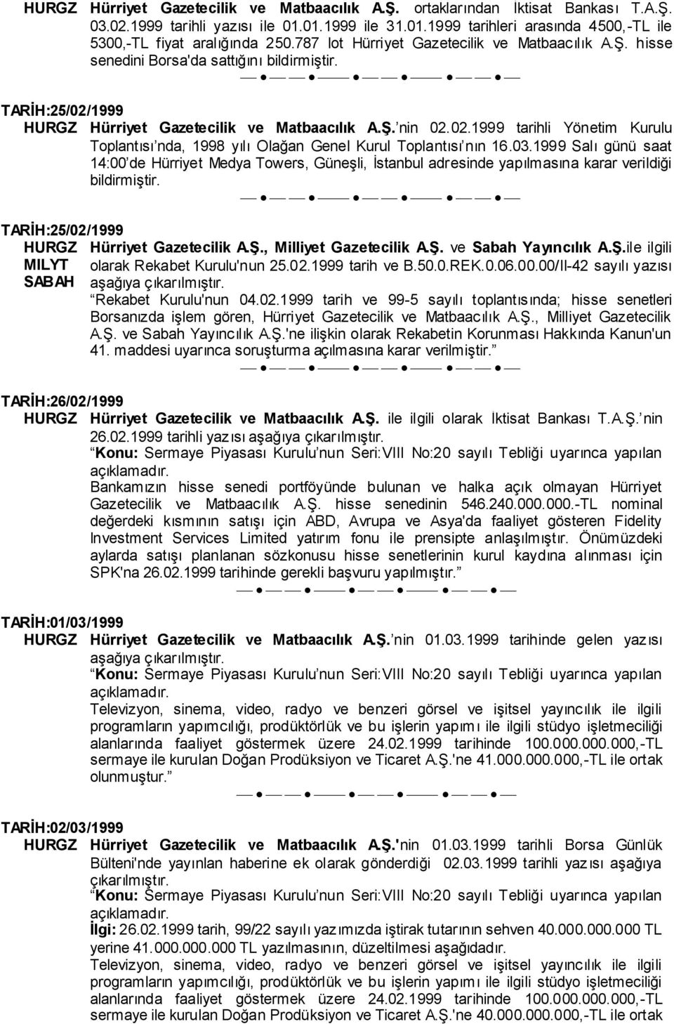 03.1999 Salı günü saat 14:00 de Hürriyet Medya Towers, Güneşli, İstanbul adresinde yapılmasına karar verildiği bildirmiştir. TARİH:25/02/1999 HURGZ Hürriyet Gazetecilik A.Ş., Milliyet Gazetecilik A.Ş. ve Sabah Yayıncılık A.