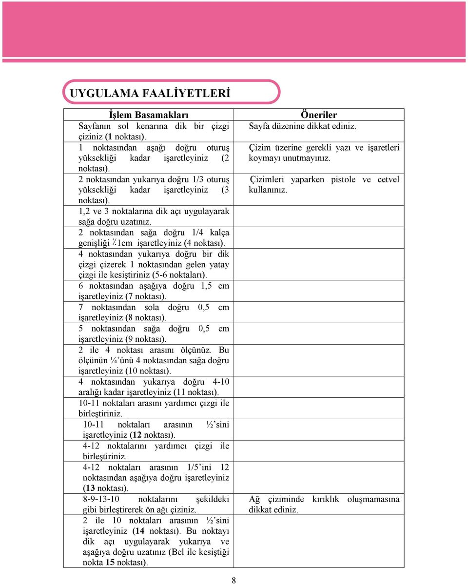 2 noktasından sağa doğru 1/4 kalça genişliği 1cm işaretleyiniz (4 noktası). 4 noktasından yukarıya doğru bir dik çizgi çizerek 1 noktasından gelen yatay çizgi ile kesiştiriniz (5-6 noktaları).