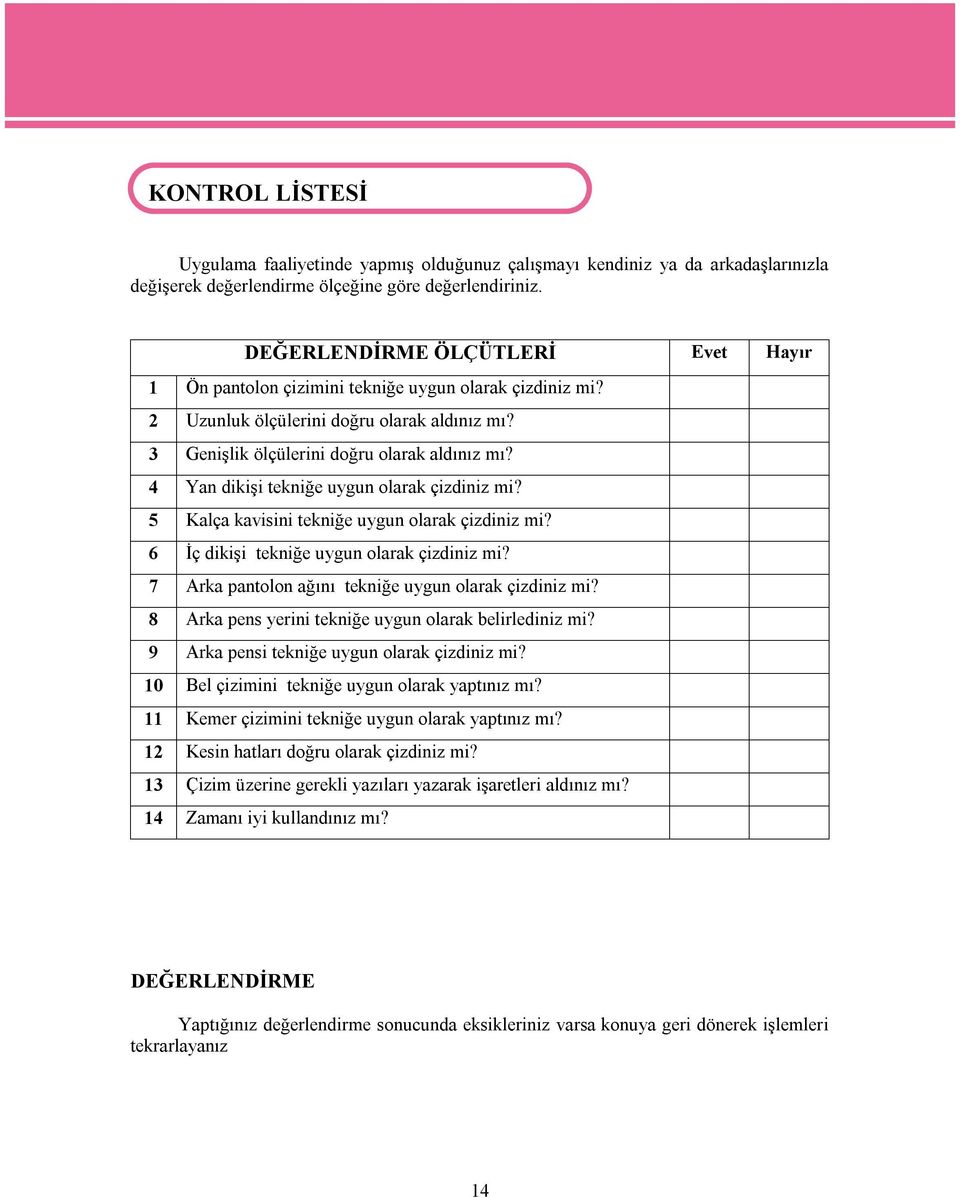 4 Yan dikişi tekniğe uygun olarak çizdiniz mi? 5 Kalça kavisini tekniğe uygun olarak çizdiniz mi? 6 İç dikişi tekniğe uygun olarak çizdiniz mi? 7 Arka pantolon ağını tekniğe uygun olarak çizdiniz mi?