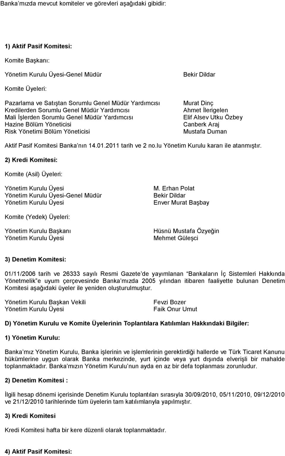 Utku Özbey Canberk Araj Mustafa Duman Aktif Pasif Komitesi Banka nın 14.01.2011 tarih ve 2 no.lu Yönetim Kurulu kararı ile atanmıştır.