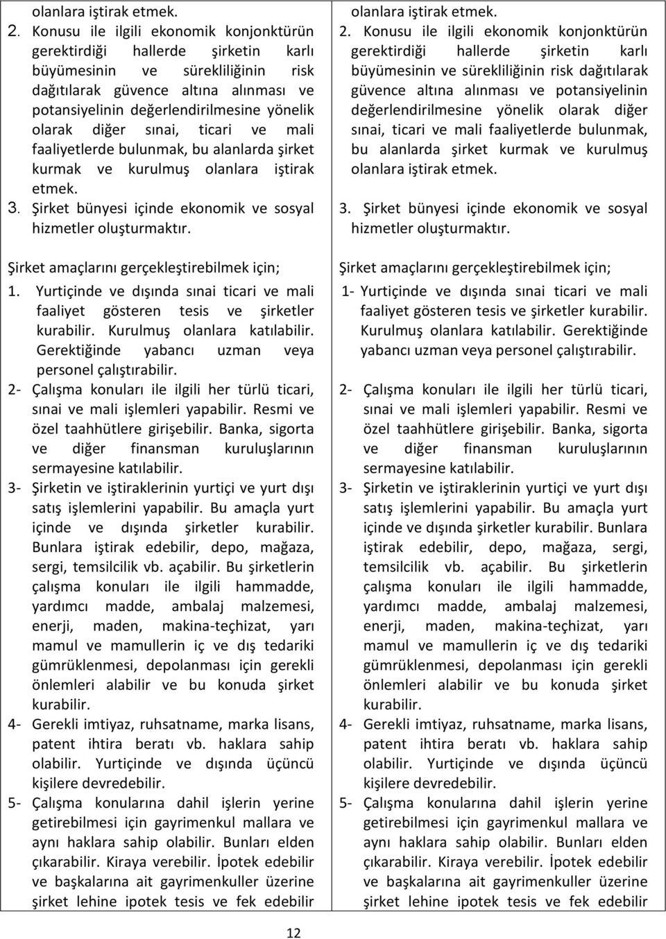 olarak diğer sınai, ticari ve mali faaliyetlerde bulunmak, bu alanlarda şirket kurmak ve kurulmuş olanlara iştirak etmek. 3. Şirket bünyesi içinde ekonomik ve sosyal hizmetler oluşturmaktır.