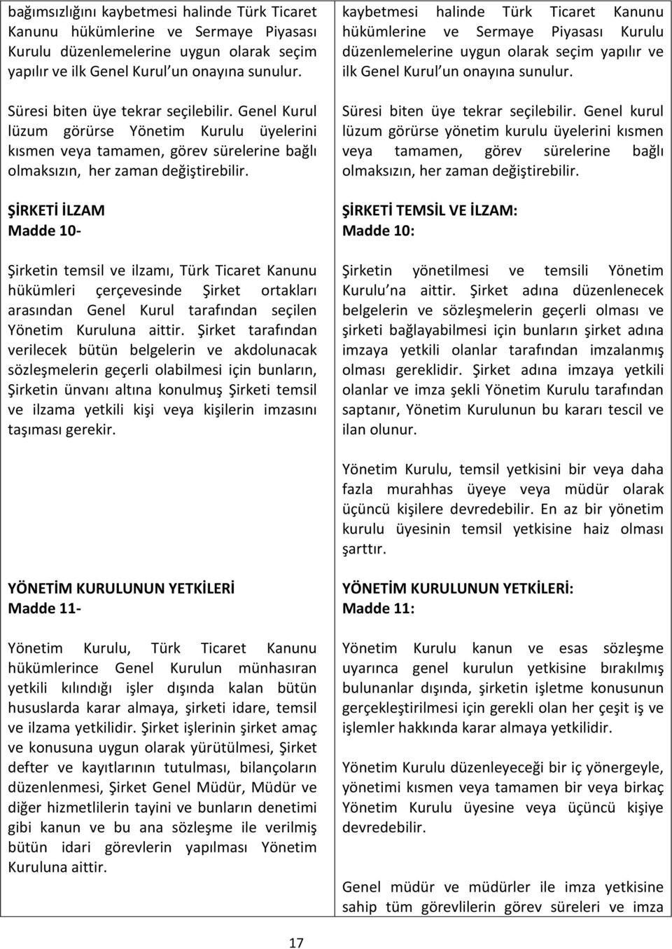 ŞİRKETİ İLZAM Madde 10- Şirketin temsil ve ilzamı, Türk Ticaret Kanunu hükümleri çerçevesinde Şirket ortakları arasından Genel Kurul tarafından seçilen Yönetim Kuruluna aittir.