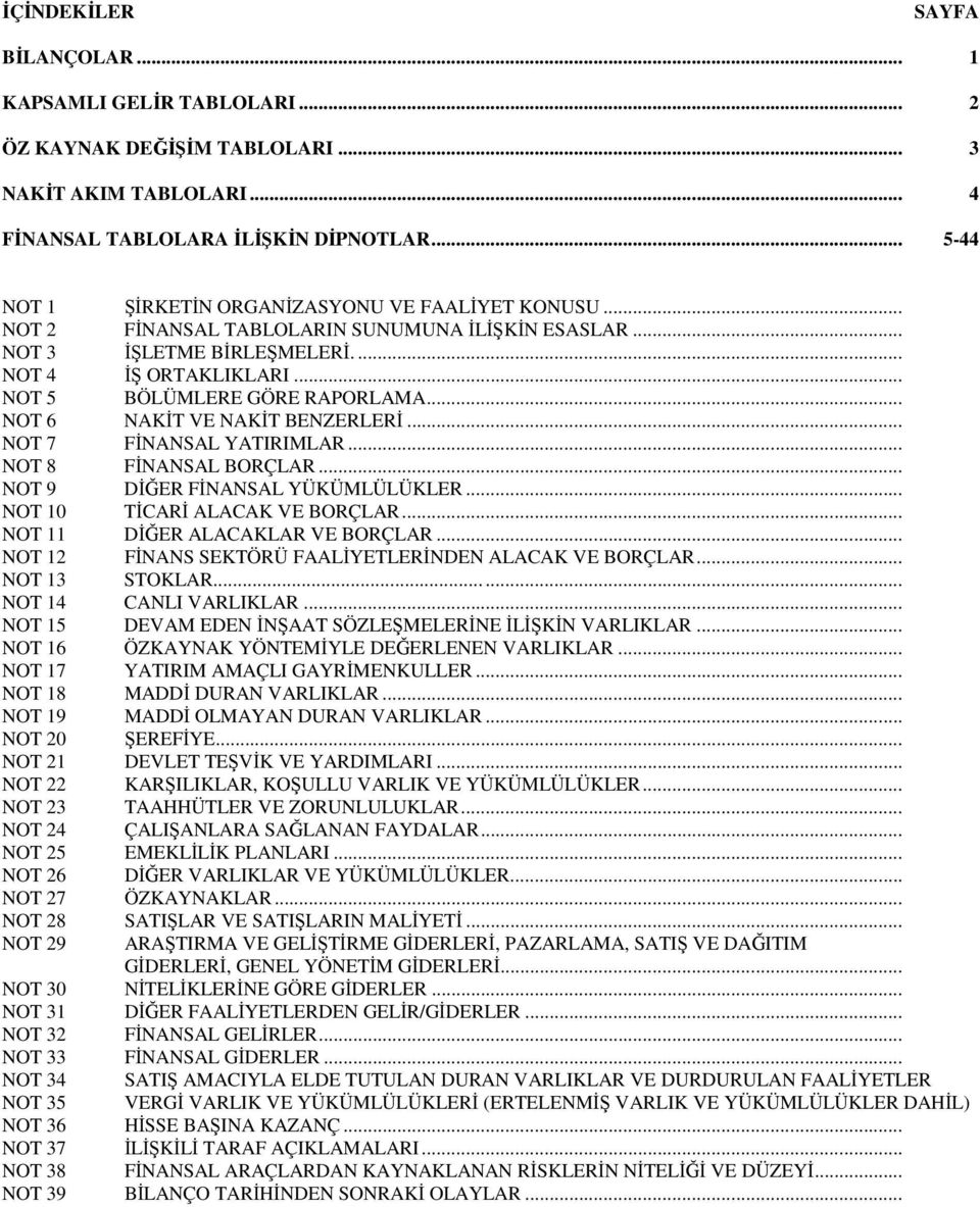 .. NOT 7 FĐNANSAL YATIRIMLAR... NOT 8 FĐNANSAL BORÇLAR... NOT 9 DĐĞER FĐNANSAL YÜKÜMLÜLÜKLER... NOT 10 TĐCARĐ ALACAK VE BORÇLAR... NOT 11 DĐĞER ALACAKLAR VE BORÇLAR.
