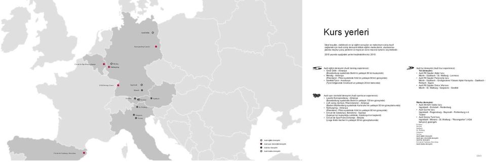 2010 yazında aşağıdaki yerleri keşfedebilirsiniz: 2010: Circuit de Spa-Francorchamps Mendig LUK Driving Center Nürburgring Ingolstadt Munich Audi eğitim deneyimi (Audi training experience): Groß