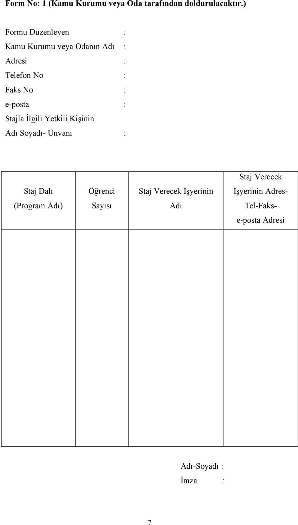 e-posta : Stajla İlgili Yetkili Kişinin Adı Soyadı- Ünvanı : Staj Verecek Staj