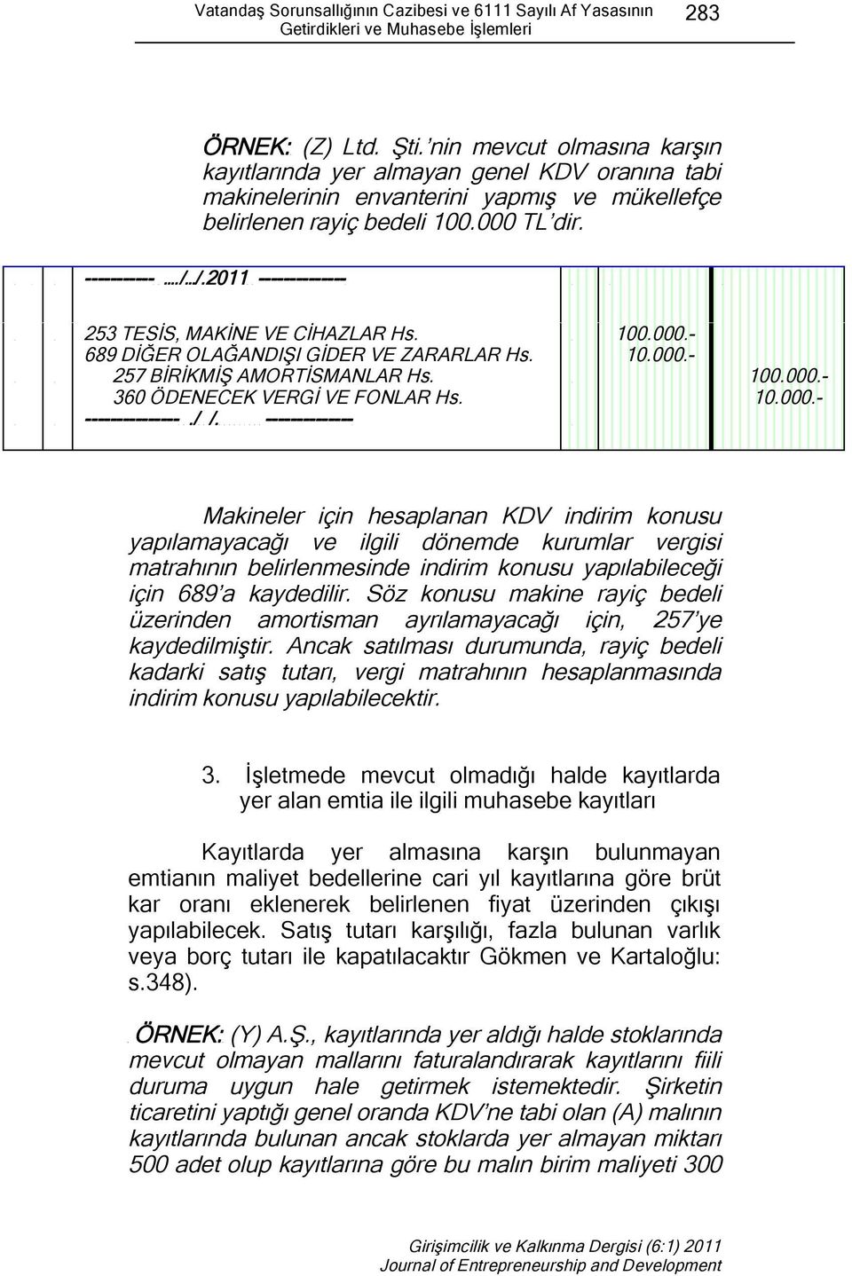 2011 -------------- 253 TESİS, MAKİNE VE CİHAZLAR Hs. 689 DİĞER OLAĞANDIŞI GİDER VE ZARARLAR Hs. 257 BİRİKMİŞ AMORTİSMANLAR Hs. 360 ÖDENECEK VERGİ VE FONLAR Hs. ---------------./ /.