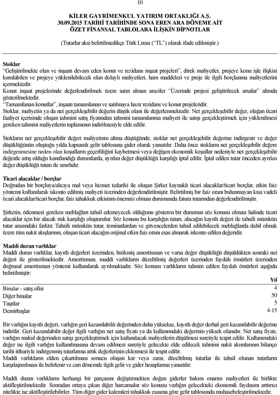 Konut inģaat projelerinde değerlendirilmek üzere satın alınan araziler Üzerinde projesi geliģtirilecek arsalar altında gösterilmektedir.