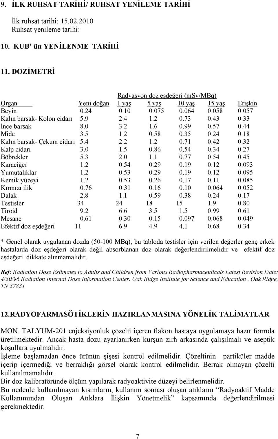 33 İnce barsak 8.0 3.2 1.6 0.99 0.57 0.44 Mide 3.5 1.2 0.58 0.35 0.24 0.18 Kalın barsak- Çekum cidarı 5.4 2.2 1.2 0.71 0.42 0.32 Kalp cidarı 3.0 1.5 0.86 0.54 0.34 0.27 Böbrekler 5.3 2.0 1.1 0.77 0.