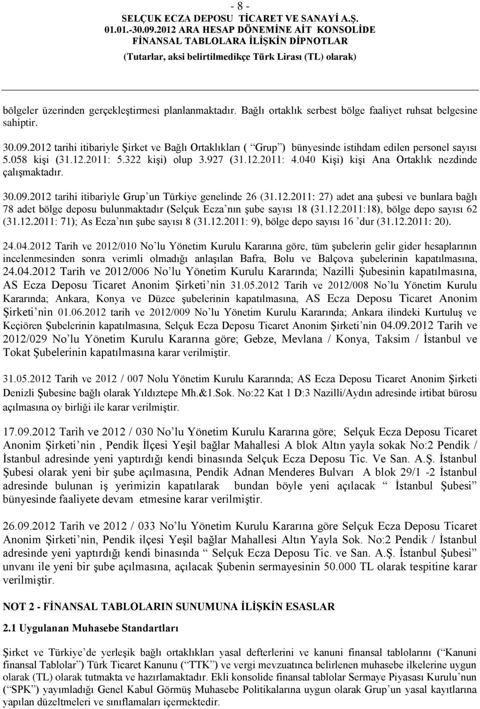 040 Kişi) kişi Ana Ortaklık nezdinde çalışmaktadır. 30.09.2012 tarihi itibariyle Grup un Türkiye genelinde 26 (31.12.2011: 27) adet ana şubesi ve bunlara bağlı 78 adet bölge deposu bulunmaktadır (Selçuk Ecza nın şube sayısı 18 (31.