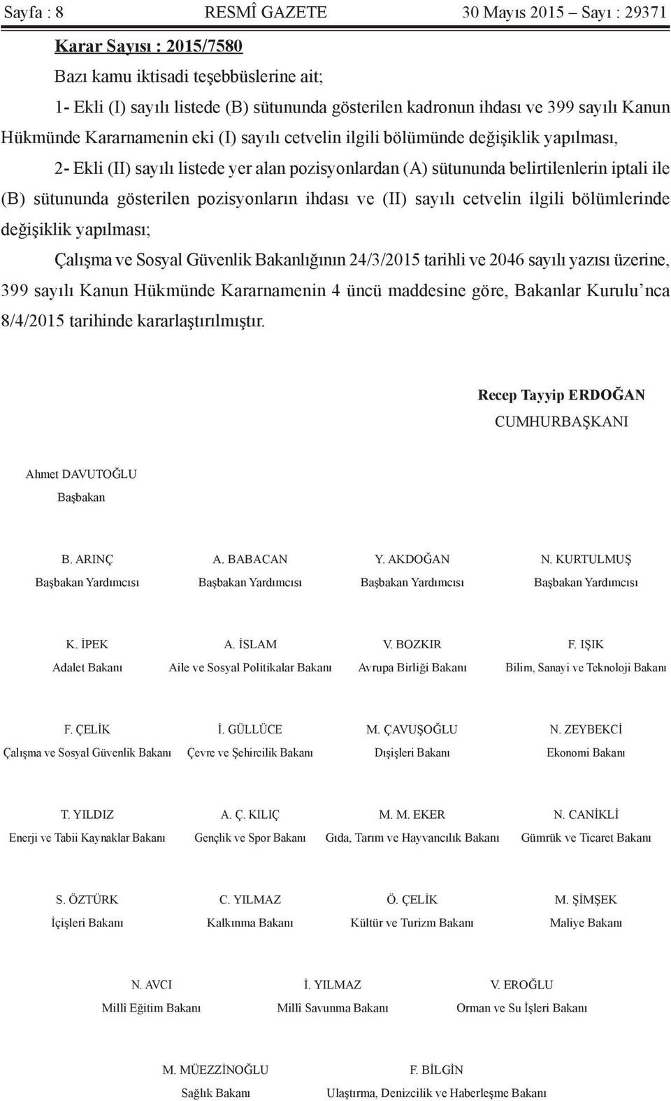 gösterilen pozisyonların ihdası ve (II) sayılı cetvelin ilgili bölümlerinde değişiklik yapılması; Çalışma ve Sosyal Güvenlik Bakanlığının 24/3/2015 tarihli ve 2046 sayılı yazısı üzerine, 399 sayılı