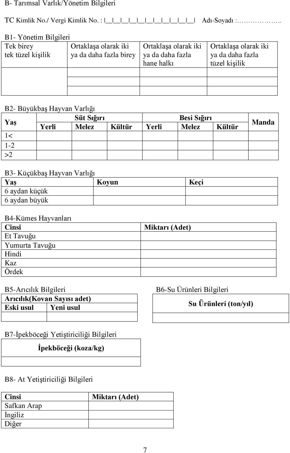 B2- Büyükbaş Hayvan Varlığı Süt Sığırı Besi Sığırı Yaş Yerli Melez Kültür Yerli Melez Kültür 1< 1-2 >2 Manda B3- Küçükbaş Hayvan Varlığı Yaş Koyun Keçi 6 aydan küçük 6 aydan büyük B4-Kümes Hayvanları