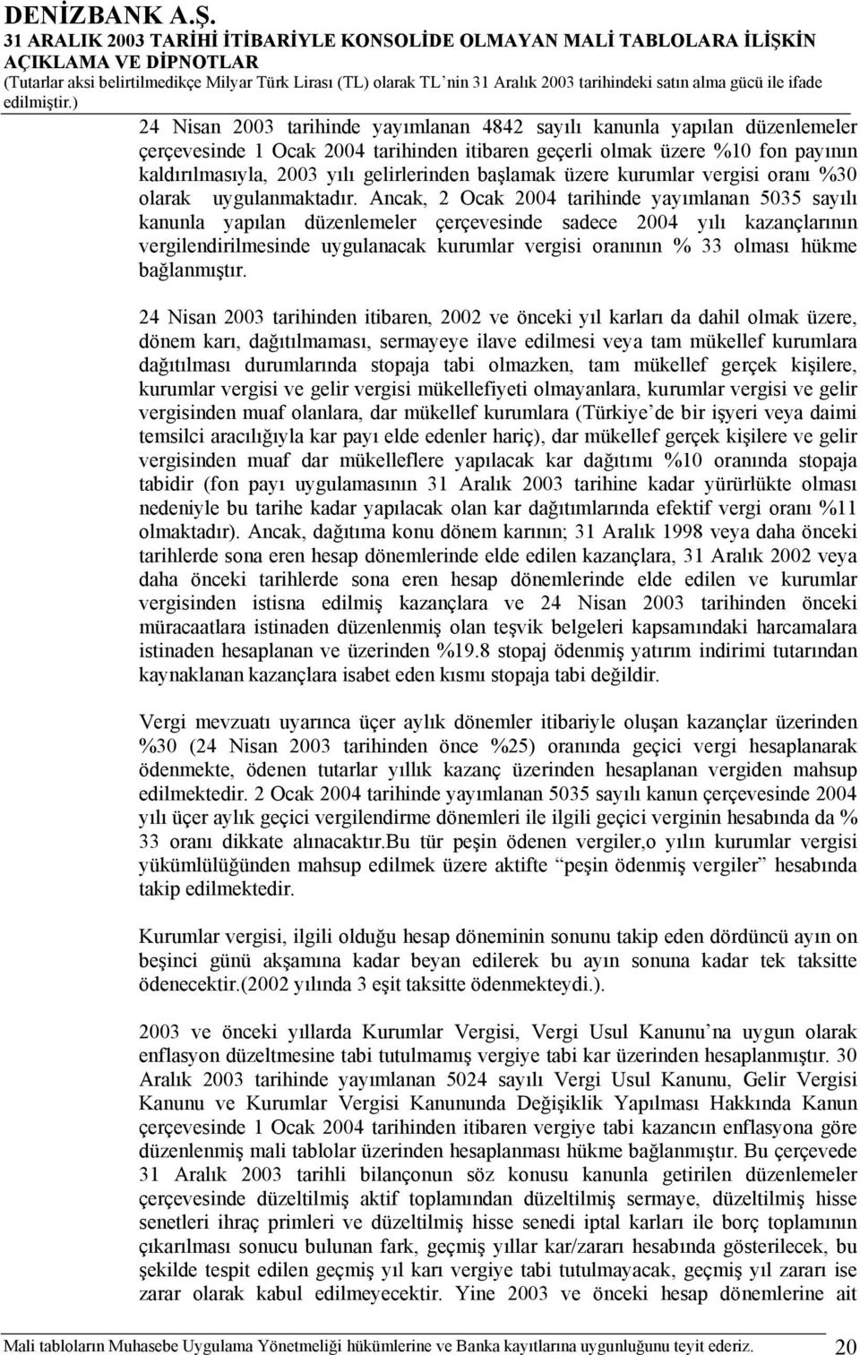 Ancak, 2 Ocak 2004 tarihinde yayımlanan 5035 sayılı kanunla yapılan düzenlemeler çerçevesinde sadece 2004 yılı kazançlarının vergilendirilmesinde uygulanacak kurumlar vergisi oranının % 33 olması