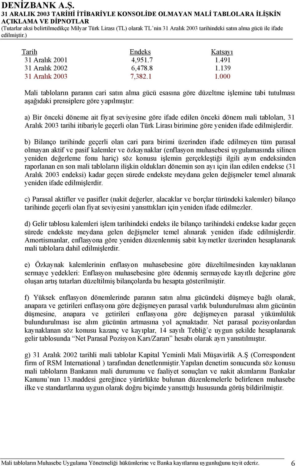 önceki dönem mali tabloları, 31 Aralık 2003 tarihi itibariyle geçerli olan Türk Lirası birimine göre yeniden ifade edilmişlerdir.