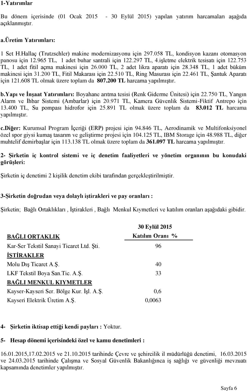 000 TL, 2 adet likra aparatı için 28.348 TL, 1 adet büküm makinesi için 31.200 TL, Fitil Makarası için 22.510 TL, Ring Masurası için 22.461 TL, Şantuk Aparatı için 121.