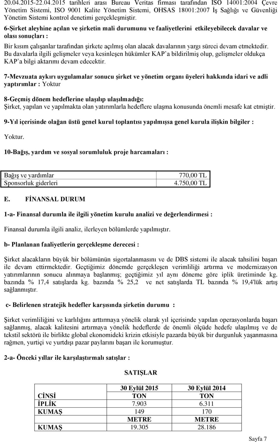 2015 tarihleri arası Bureau Veritas firması tarafından ISO 14001:2004 Çevre Yönetim Sistemi, ISO 9001 Kalite Yönetim Sistemi, OHSAS 18001:2007 İş Sağlığı ve Güvenliği Yönetim Sistemi kontrol denetimi