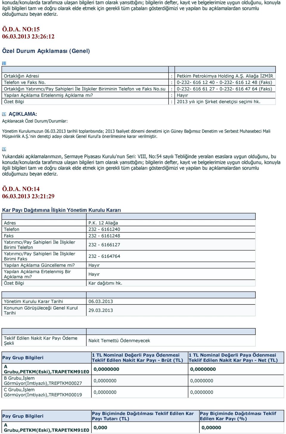 Aliağa İZMİR 2013 yılı için Şirket denetçisi seçimi hk. Yönetim Kurulumuzun 06.03.