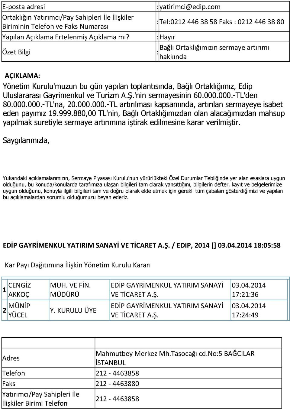 Uluslararası Gayrimenkul ve Turizm A.Ş.'nin sermayesinin 60.000.000.-TL'den 80.000.000.-TL'na, 20.000.000.-TL artırılması kapsamında, artırılan sermayeye isabet eden payımız 19.999.